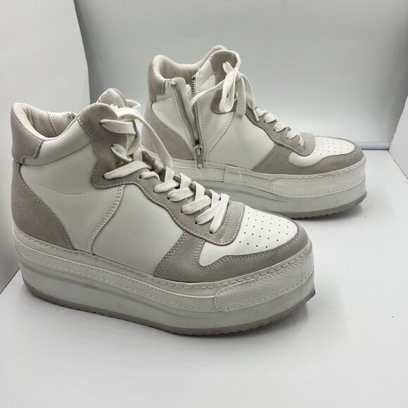 STEVE MADDEN Brodiee Platform Sneaker in Tan White Leather Woman’s Size 9.5 - Picture 1 of 9
